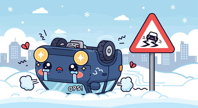 Cute cartoon car flipped upside down in winter snow with warning sign and cityscape background
