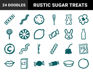 Fototapeta premium Hand-drawn nostalgic candy and confectionery elements for playful brand identity. Naive marker sketch illustrations of sweets, gummies, and sugar treats.