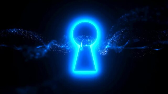 Glowing blue keyhole with swirling particles in a dark background. Symbolizes mystery, secrets, and unlocking potential