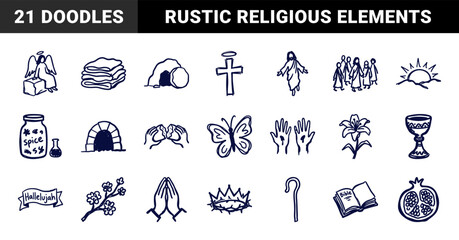 Naklejka premium Hand-drawn Easter and Resurrection Sunday religious elements for Christian storytelling. Rustic, naive marker sketch illustrations featuring biblical motifs.