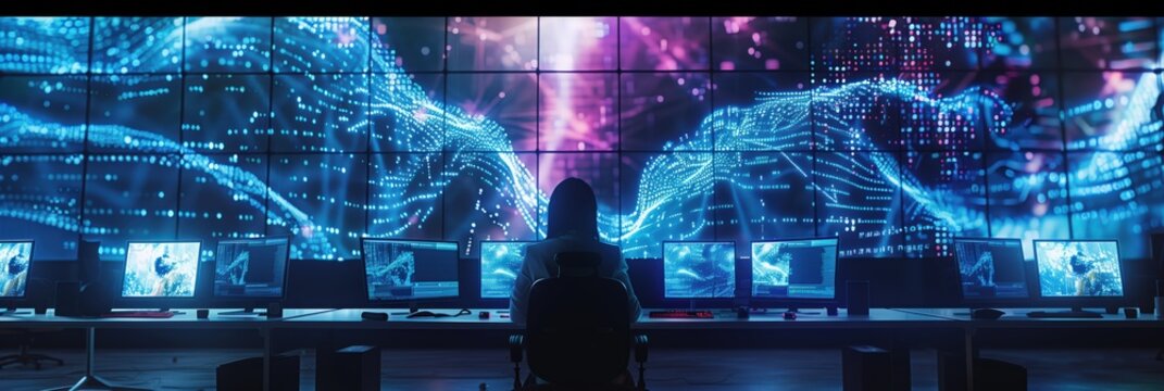 IT professional working with dual monitors showing blue glowing data streams and analytics