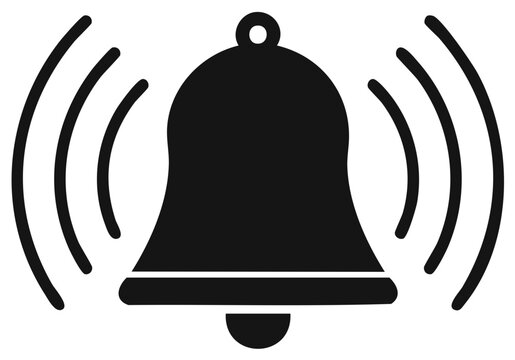 Alerting bell icon with sound waves in black and white vector illustration