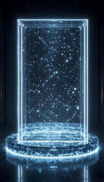 Futuristic glowing neon glass display case with starry light particles on marble pedestal for luxury product presentation in dark scifi room interior