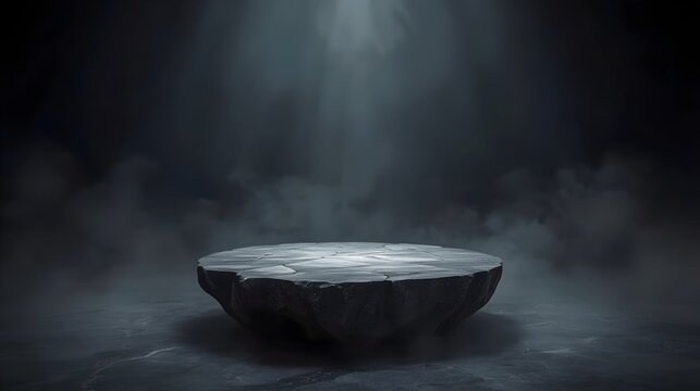 Dark rough stone podium in moody atmosphere with dramatic top spotlight and fog for rugged product display