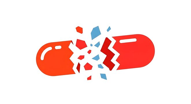 Cracked red capsule releasing small fragments symbolizing broken medication or drug release