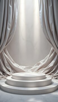 Luxury three tier white marble podium with soft silk curtains and elegant spotlight for beauty product display and bridal presentation