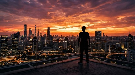 Silueta de una persona frente a un skyline urbano al atardecer con cielo dram&aacute;tico y luz dorada. Concepto de inspiraci&oacute;n, vida urbana y reflexi&oacute;n en la ciudad.