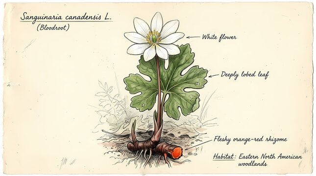 Precise botanical sketch of the Bloodroot plant, Sanguinaria canadensis, showcasing its delicate white flower, deeply lobed leaf, and distinctive orange rhizome