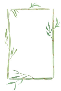 Bamboo frame border with green leaves in Asian zen style, botanical watercolor illustration. Natural plant template for invitations, wedding cards, spa design, posters, stationery and eco backgrounds
