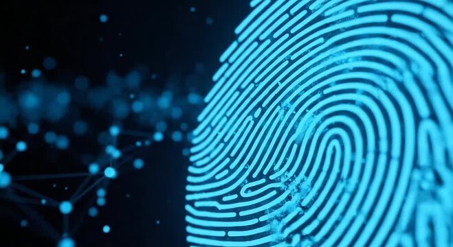 Glowing blue digital fingerprint with an abstract network of connected dots on a dark background