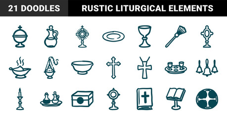 Hand-drawn Christian liturgical items and Catholic mass elements. Rustic, naive marker sketch illustrations featuring sacred church vessels and religious symbols.