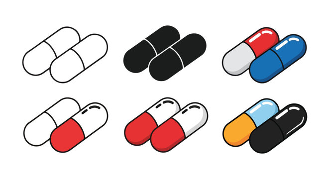 Colorful Flat Pill Icon Set for Medical and Health Designs - Minimalist, flat icon, outline, glyph, linear, clipart, sticker - Vector icon set - Glyph icon