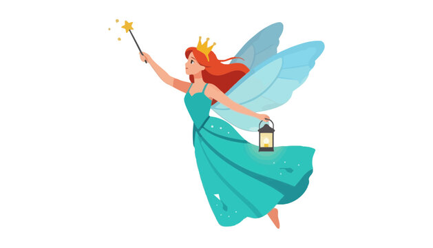 A fairy princess holding a magic wand and lantern flying with butterflies