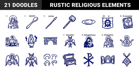 Naklejka premium Orthodox Christian liturgical symbols and Byzantine icons in a rustic hand-drawn doodle style. Crude marker sketch of religious relics and sacred art.