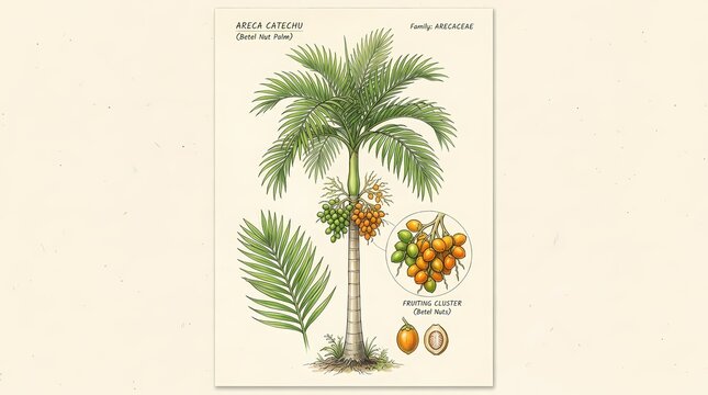 Illustration of an Areca palm tree with ripe fruits and detailed leaf structure, scientific botanical drawing