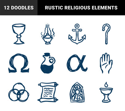 Hand-drawn Christian liturgical symbols and religious artifacts for spiritual branding. Rustic naive marker sketch illustrations of sacred church elements.