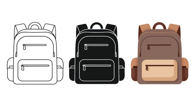 Minimalist Backpack Icon Set in Black, White, Brown Flat Design - Minimalist, flat icon, outline, glyph, linear, clipart, sticker - Vector icon set - Glyph icon