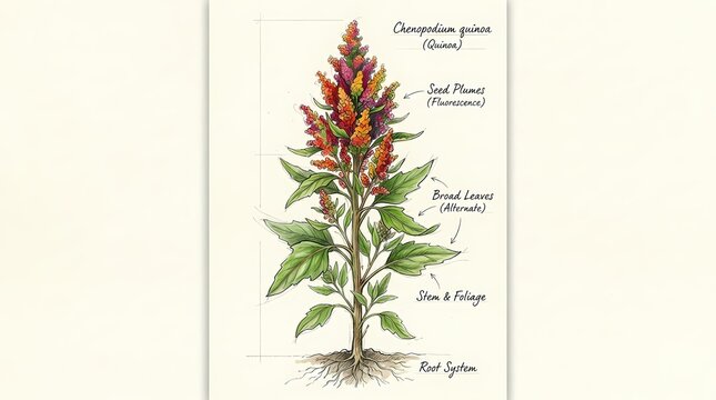 Botanical illustration of a quinoa plant, detailing its anatomy vibrant seed plumes, broad leaves, robust stem, and intricate root system. Ideal for scientific and educational study