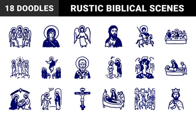 Naklejka premium Orthodox Christian religious symbols and biblical scenes in a rustic hand-drawn marker style. Naive doodle illustrations of saints and christology.