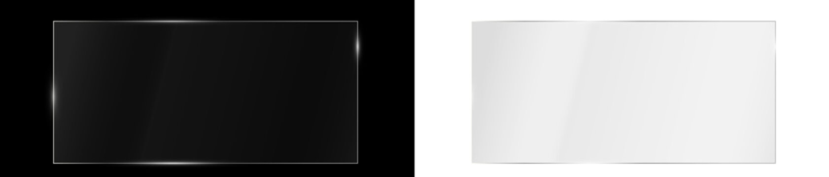 Transparent Glass plate background. Realistic screen glass, window effect with flare, clear glass showcase, glossy plastic glare frame, acrylic with glares and light, plexiglas, 3d.