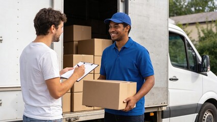 A young Caucasian man in a white t-shirt receives a package from a smiling African American man in a blue uniform. They are standing by a delivery truck.