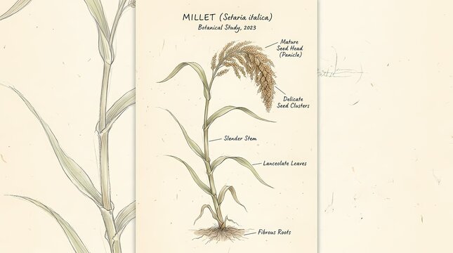 Botanical illustration of the millet plant (Setaria italica), showing its full structure from roots to seed head, highlighting its versatile use as a healthy food ingredient