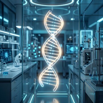 未来的なクリーンな実験室の背景で発光するDNAの二重螺旋構造のプロフェッショナルな医療写真