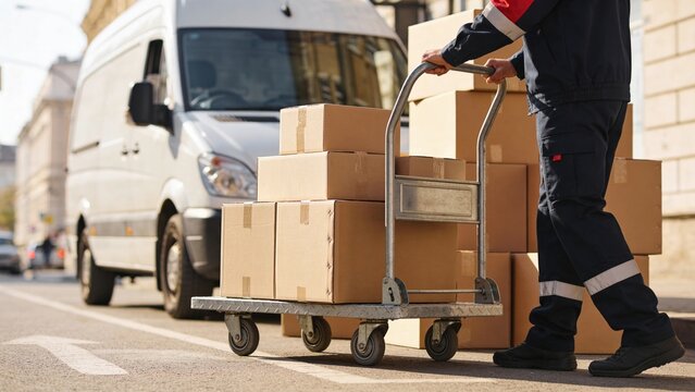 A delivery worker pushes a cart loaded with cardboard boxes on a city street. A delivery van is parked nearby, indicating a logistics operation.