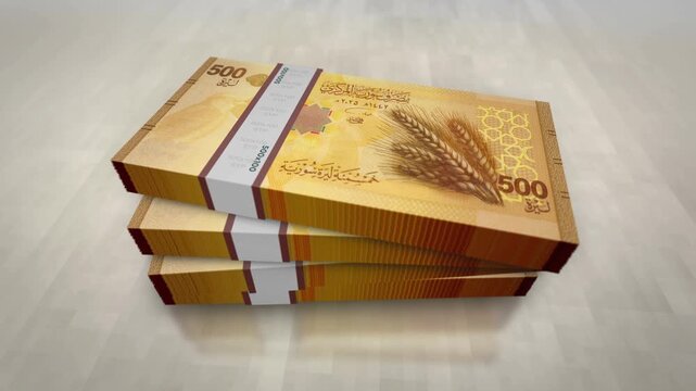 Syria pounds Syrian money pile pack. Concept background of economy, banking, business, crisis, recession, debt and finance. 500 SYP banknotes stacks 3d.