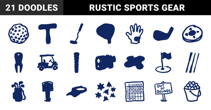 Golf sports equipment and country club elements for organic brand identity. Rustic, naive marker sketch illustrations in a clumsy doodle style.