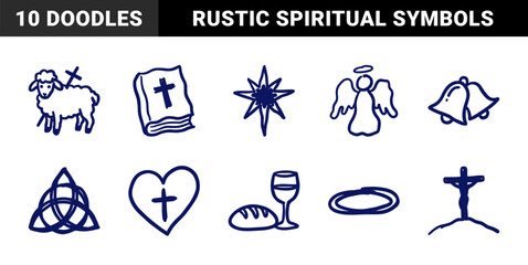 Naklejka premium Hand-drawn Christian religious symbols in a naive doodle style for church branding and spiritual projects. Rustic marker sketch illustrations.