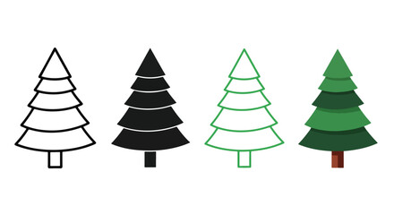 Obraz premium Flat Christmas Tree Icons Set in Black, White, Green - Minimalist, flat icon, outline, glyph, linear, clipart, sticker - Vector icon set - Glyph icon