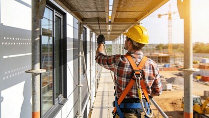 Fototapeta premium A young Caucasian man in a yellow hard hat and plaid shirt works on a construction site. He is using tools on scaffolding with a building in the background.