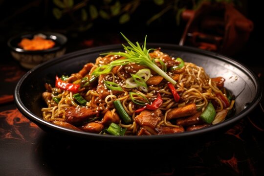Stir fry chow mein noodles food bowl vegetable.