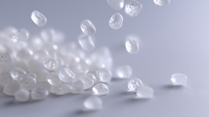 Fototapeta premium Close-up of translucent white polymer pellets or plastic granules fall onto a light surface, conveying raw material and industrial use