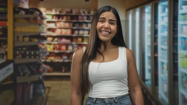 Young hispanic woman tilts head, grimaces and smiles while standing by refrigerated cases and snack shelves in a convenience store inside building; playful curiosity.