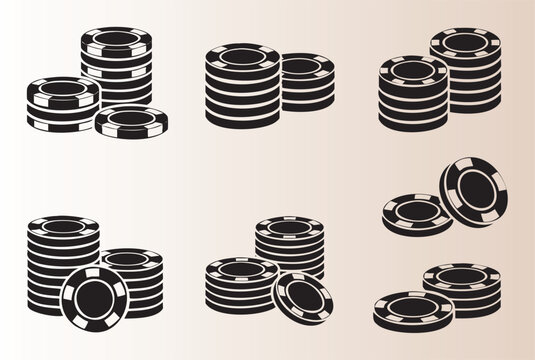 Stacked poker chips in various groupings isolated illustration