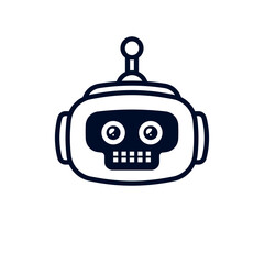 Fototapeta premium Bot head icon vector black outline illustration. Modern AI assistant symbol with clean lines, perfect for chatbot apps, automation services and technology interfaces