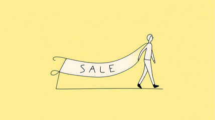 Minimalist illustration of a person walking on a line, holding a banner with the word 'SALE' on it, against a soft yellow background