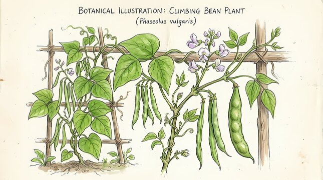 Botanical illustration of a climbing bean plant (Phaseolus vulgaris) with mature pods and delicate flowers, showcasing its growth on a rustic trellis