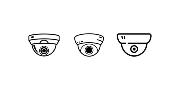 Three black and white outline dome security camera icons on white background. Surveillance monitoring safety system technology