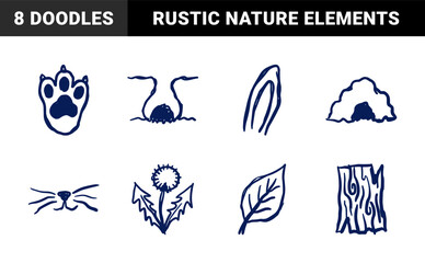 Fototapeta premium Hand-drawn woodland nature and wildlife elements for rustic brand identity. Naive marker sketch illustrations featuring animal tracks, burrow, and forest flora.