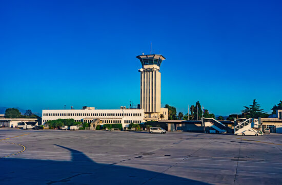 Split Airport control tower and terminal building.