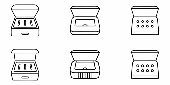 A set of six minimalist illustrations of various cash registers in a flat line art style