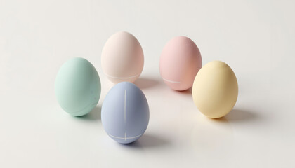 Soft pastel colored eggs arranged on white background, Easter concept	  