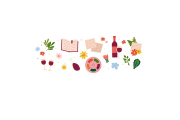 Fototapeta premium Passover Vector Illustration Set. Moses, Exodus Symbols, Matzah, Wine, Seder Plate Elements and Jewish Holiday Icon Collection