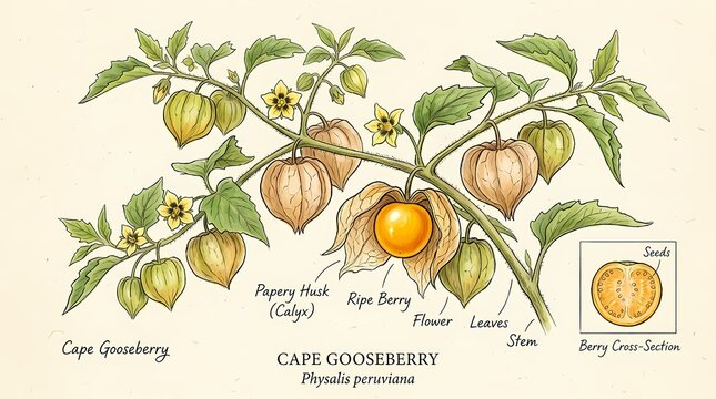 Cape Gooseberry Plant with Ripe Fruit, Leaves, Flowers, and Cross-Section Illustration