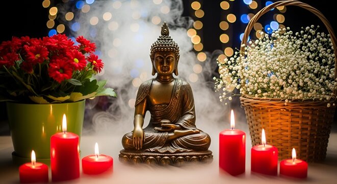 Happy Vesak Day, Buddha Purnima wishes greetings with buddha and lotus illustration. Can be used for poster, banner, logo, background, greetings, print design. abstract illustration ... See More See L
