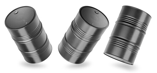 Black metal barrels on a white background. A blank for your design or illustration of news about oil and fuel trading. Fossil fuel in metal barrels, an oil container, isolated on a white background.  © Alexandr