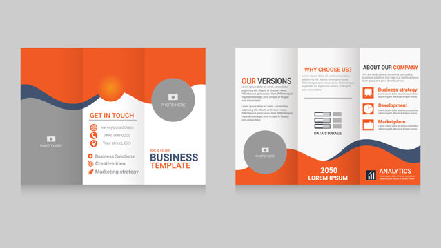 Modern Business Trifold Brochure Template with Orange and Blue Wave Design
